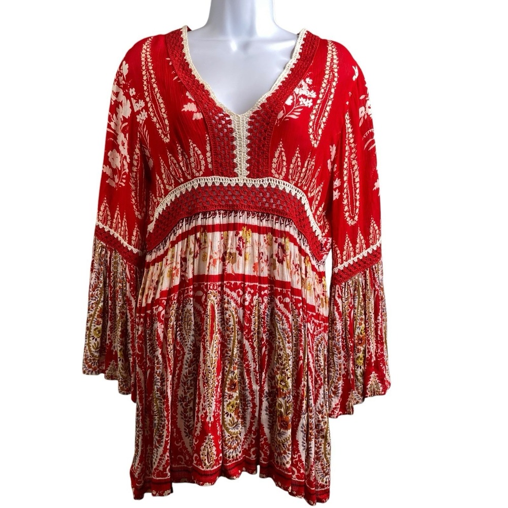 ANTHROPOLOGIE RAGA Red Paisley Boho Top Size XS Flowy Oversized Hippie Festival